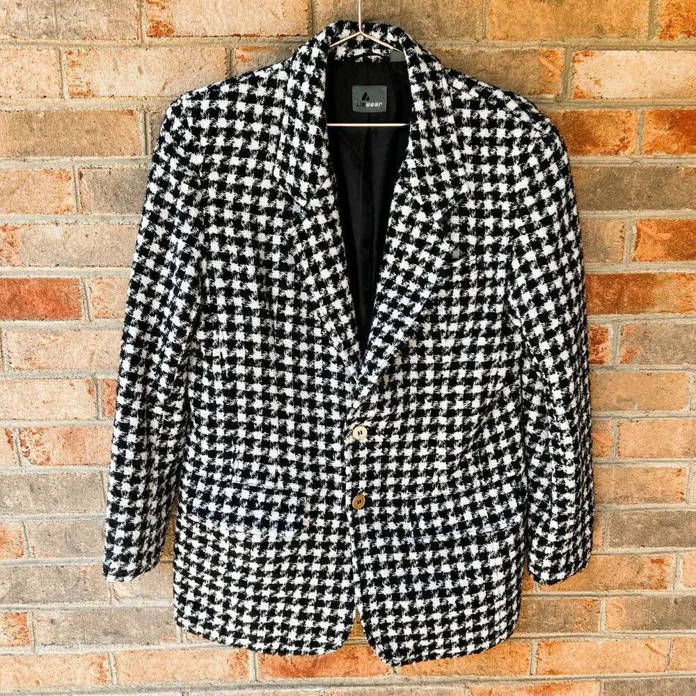 Vintage Liz Claiborne Liz Wear Black White Houndstooth Blend Wool Blend Blazer